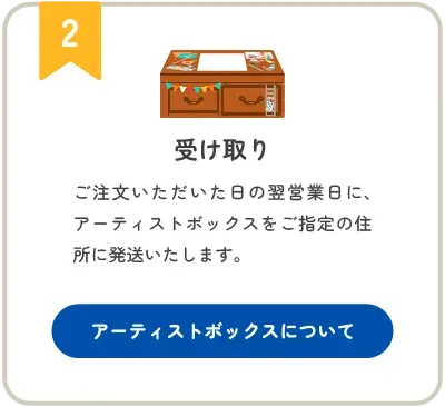ステップ2 受け取り：ご注文いただいた日の翌営業日に、アーティストボックスをご指定の住所に発送いたします。